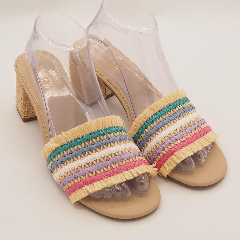 J.Crew Multicolor Striped Raffia Sandals Women's 8 Stacked Heel Slides